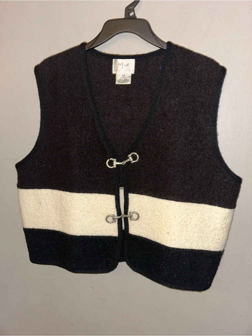 Vintage Wool Vest - black/cream color block with metal closures
